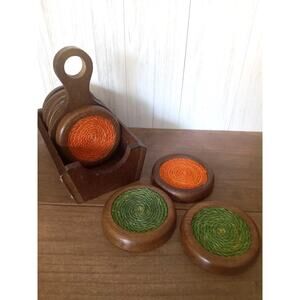 Vintage Wood Coasters with Caddy, Orange and Green Jute Twine Coasters, Set of 8